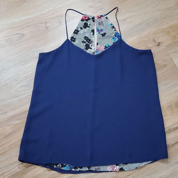 🔺️Express Blue & Floral Checkered Reversible Flowy Sleeveless Top Large - Picture 2 of 13